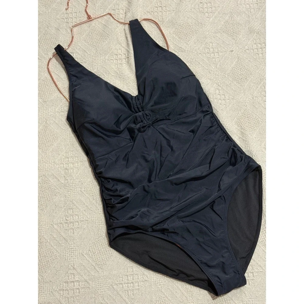 B2PRITY Black One‎ Piece Swimsuit Ruched V Neck Tummy Control Bathing Suit XL